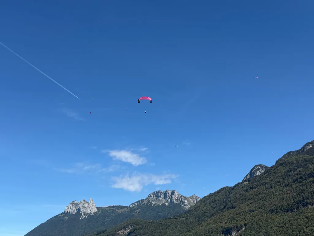 Ein rotes Gleitschirmpaar und mehrere kleine Schirme schweben am blauen Himmel über bewaldeten Bergen.